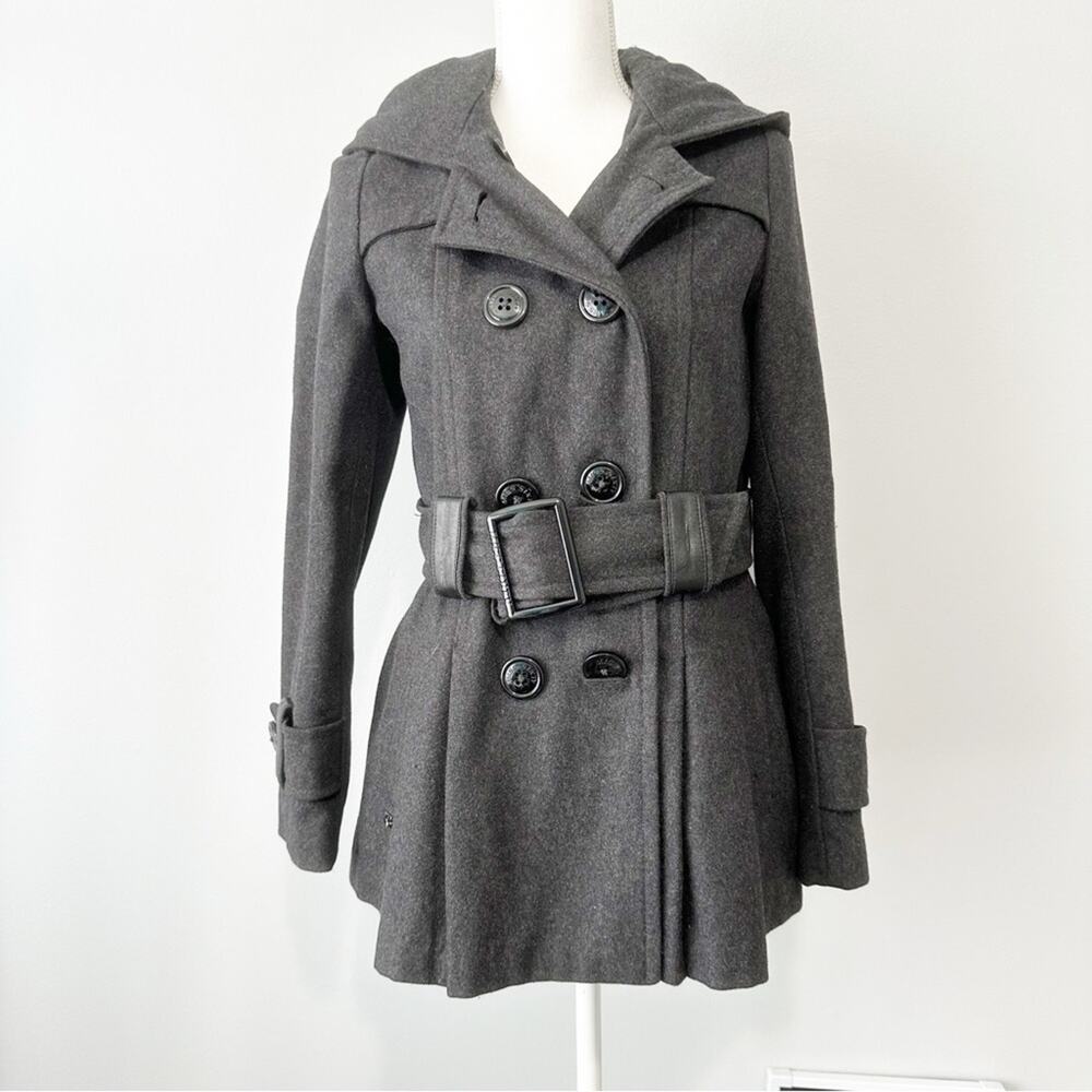 Miss Sixty wool belted pea coat hooded size medium faux leather vintage Y2K
